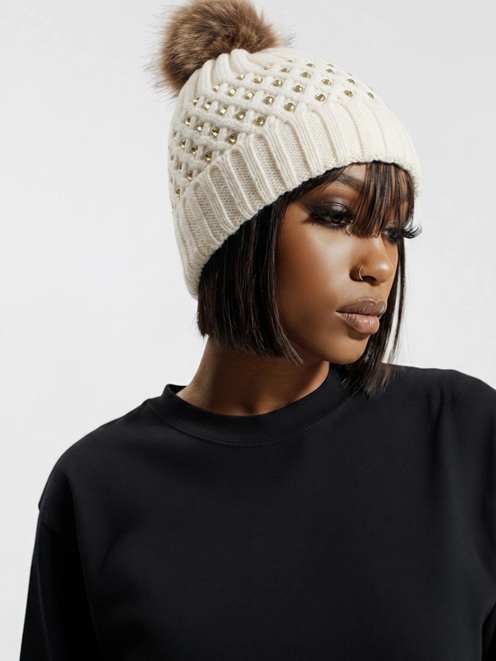 Boutique Crystal Rhinestone Cable Knit Faux Fur Pom Beanie Cream Off-White NWOT